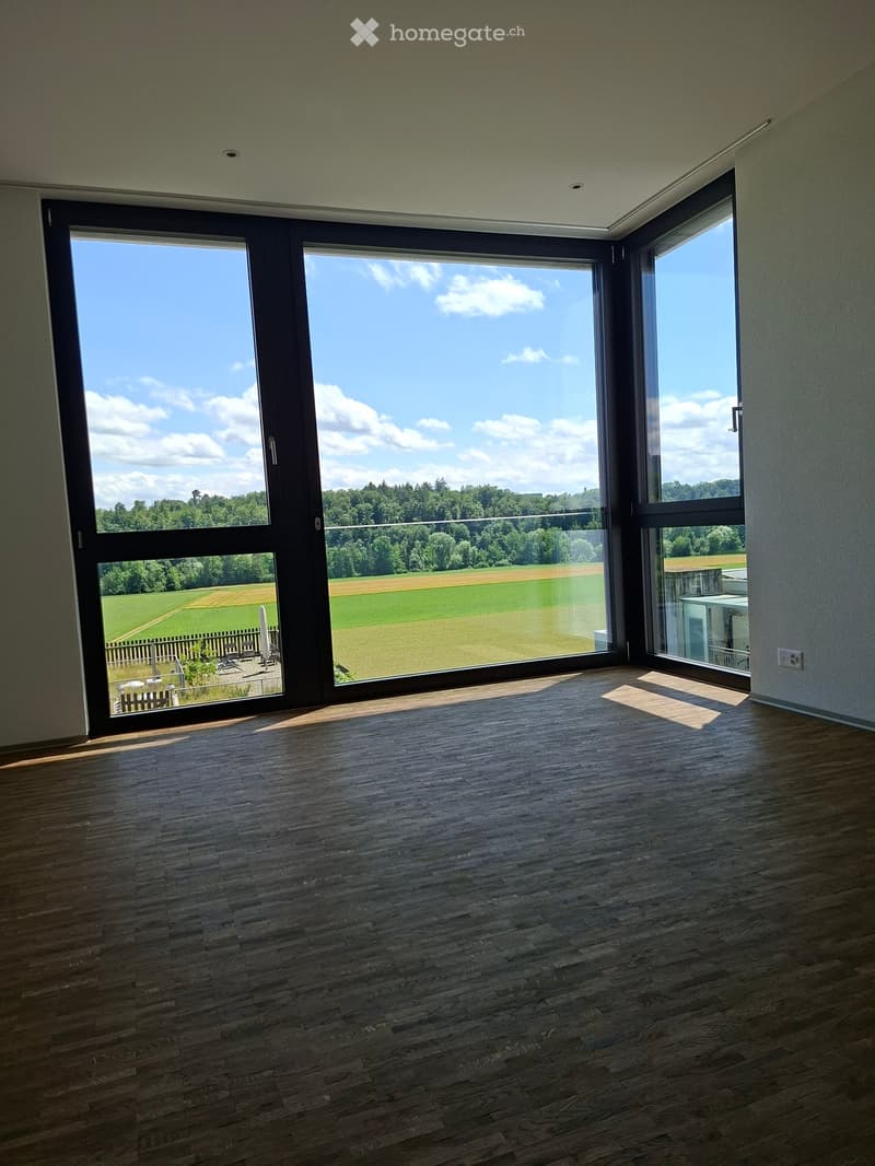 Empty room with wooden flooring and large windows offering a view of a green field and trees.