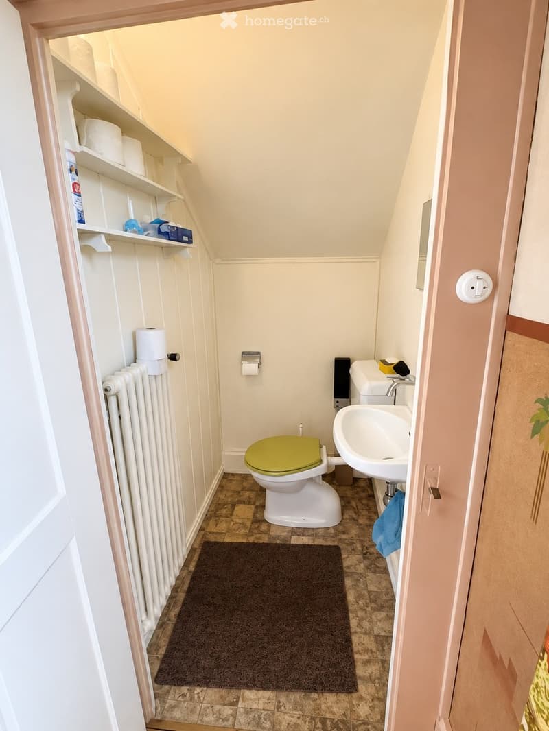 Compact bathroom with a white toilet, green seat, white sink, radiator, and shelves holding toilet paper and cleaning supplies.