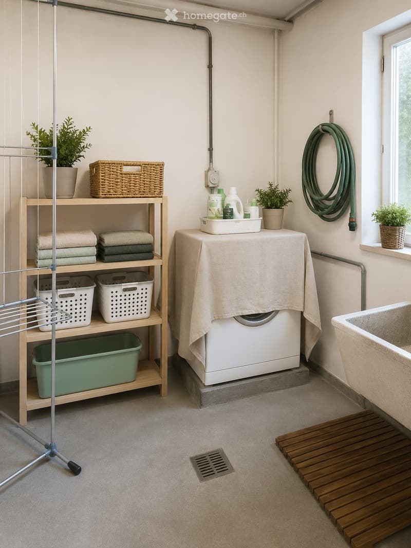 A well-organized laundry room with a washing machine, wooden shelf holding towels and baskets, a small sink, and potted plants on the windowsill.