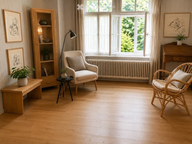 Bright living room with wooden flooring, large windows, a cream sofa, a wicker chair, a small black table, a wooden bookshelf, and decorative plants.