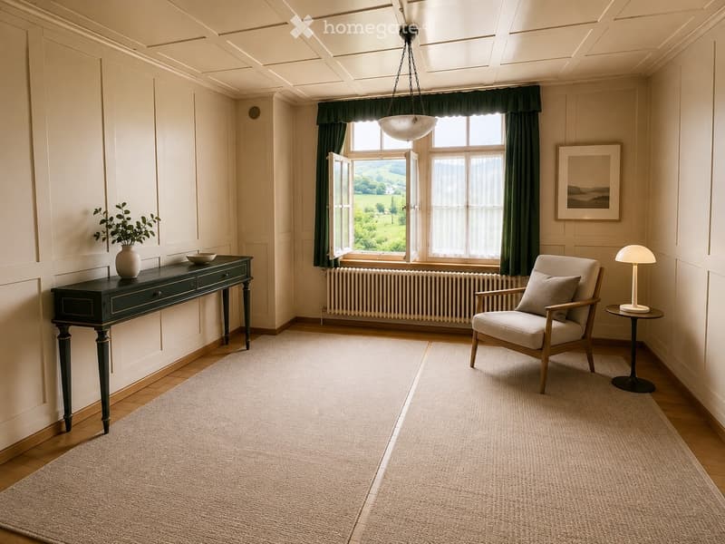 Elegant living room with a cream-colored sofa, wooden side table, vase with greenery, and a large window with green curtains overlooking a scenic landscape.