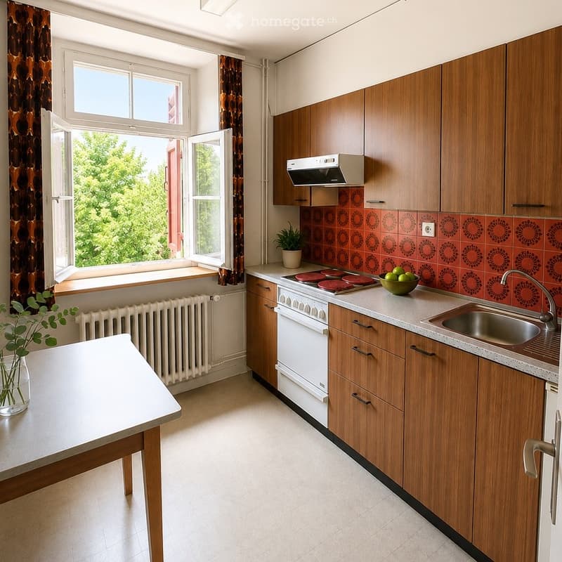 Bright kitchen with wooden cabinets, a white countertop, a sink, a stove, and a small table near the window. The backsplash features a red circular pattern, and there are potted plants on the counter and windowsill.