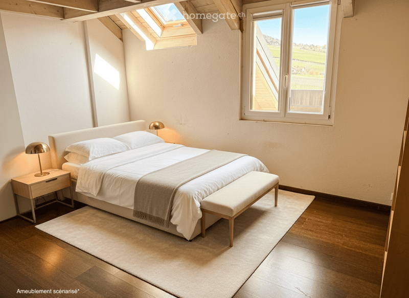 Bright bedroom with wooden floors, large windows, skylight, and a neatly made bed with pillows and a blanket. Includes a nightstand with a lamp and a bench at the foot of the bed.