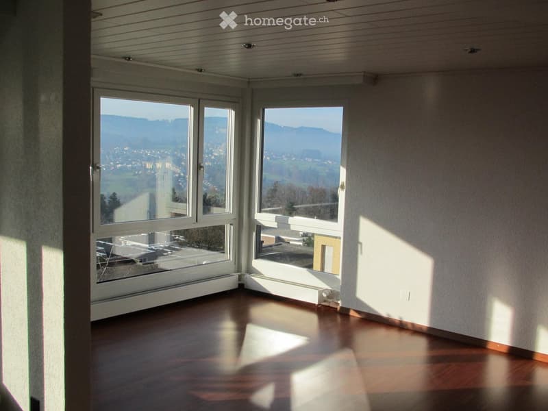 Empty room with wooden flooring, large windows offering a scenic view, and white walls.