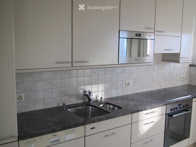 Modern kitchen with white cabinets, dark granite countertops, stainless steel sink, and built-in appliances including an oven and dishwasher.