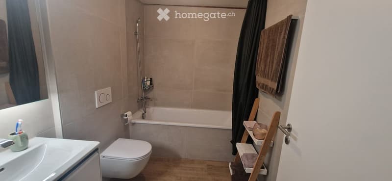 Modern bathroom with a white sink, toilet, bathtub, and a wooden shelf holding towels. A mirror is mounted on the wall, and a toothbrush holder sits on the sink.