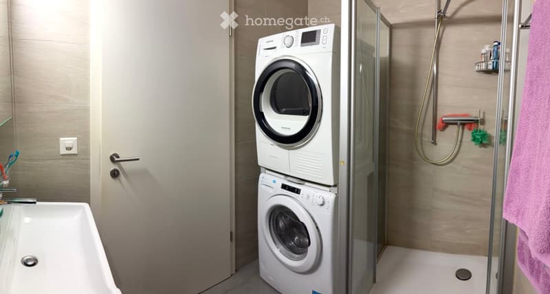 Modern bathroom with a bathtub, a stacked washing machine and dryer, a glass-enclosed shower, and a pink towel hanging on the side.
