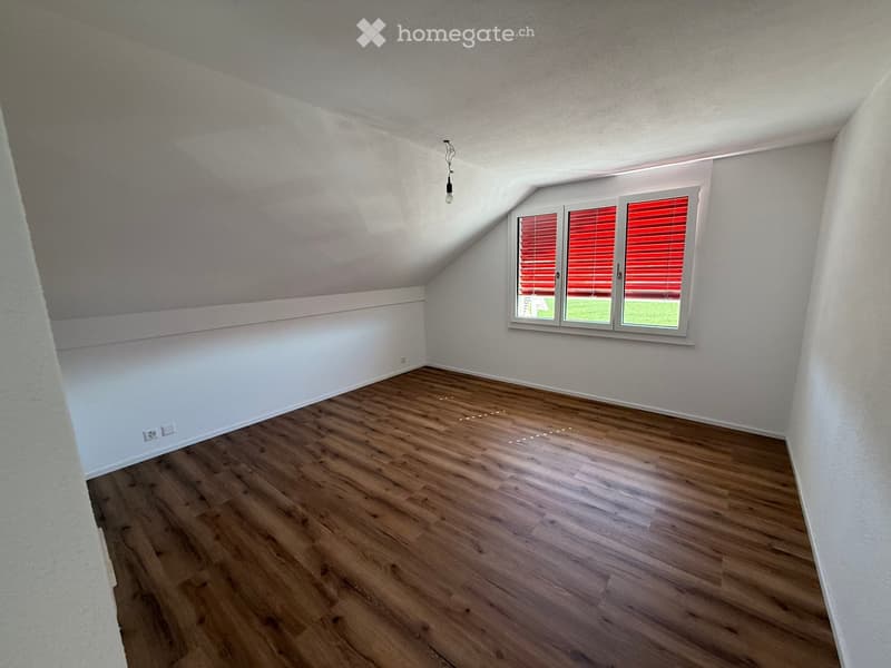 Empty attic room with wooden flooring, white walls, and a skylight window with red blinds.