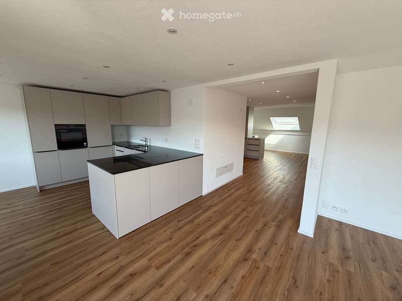 Modern kitchen with light grey cabinets, black countertop, and wooden flooring. Features a central island with a sink and faucet, and an adjacent living space with wooden flooring and a skylight.