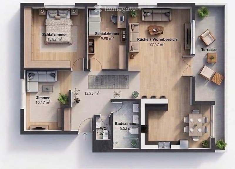 Floor plan of a modern apartment with a bedroom, living area, kitchen, bathroom, and a terrace.