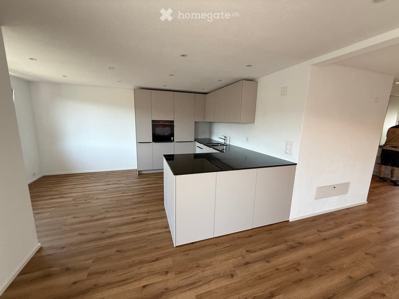Modern kitchen with white cabinets, black countertop, wooden flooring, and built-in oven.