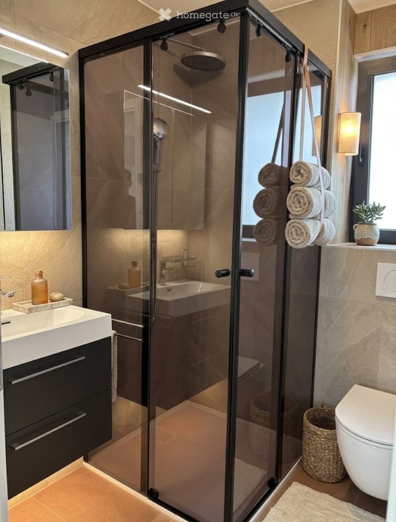 Modern bathroom with a glass-enclosed shower, a white sink with a black cabinet, a toilet, and a towel rack with neatly folded towels. The space features warm lighting and a potted plant on the windowsill.