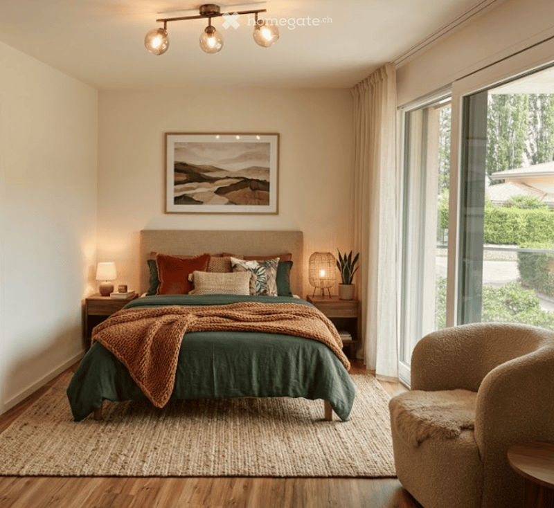 Modern bedroom with a large bed, nightstands, lamps, a cozy chair, and a view through large windows.