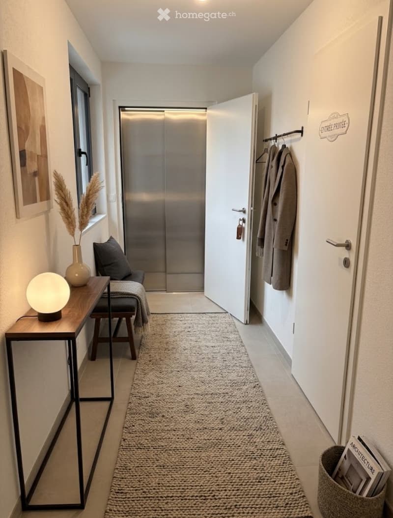 Modern hallway with a round lamp, small table, bench, and coat rack. Features a textured runner and a framed picture on the wall.