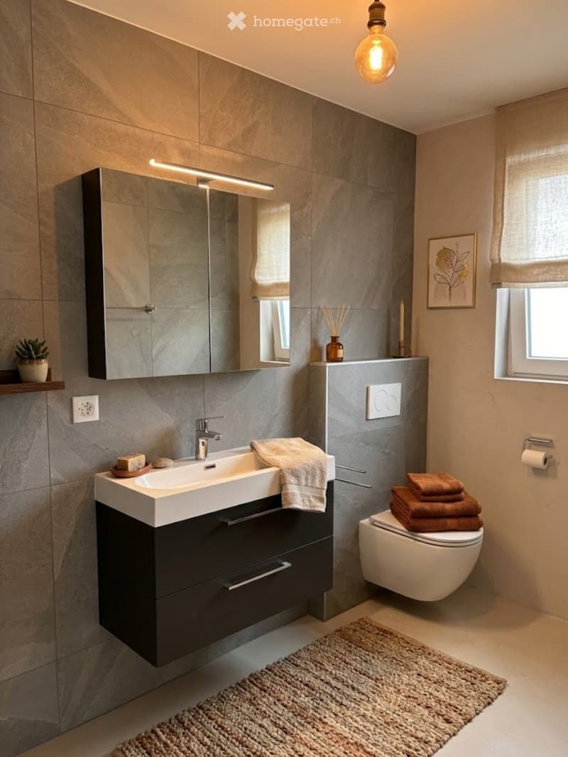 Modern bathroom with a white sink, dark cabinet, mirror, toilet, and a beige rug. Features include a candle, vase with dried plants, and a small potted plant on a shelf.