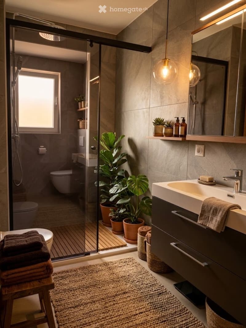 Modern bathroom with a glass-enclosed shower, double sink, large mirror, and potted plants. Features include a wooden shelf, towel rack, and warm lighting.
