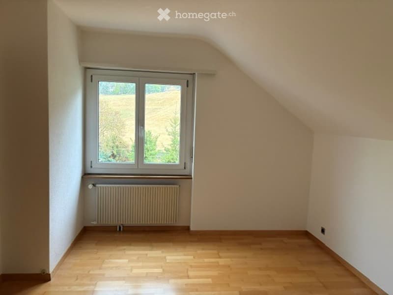 Empty attic room with wooden flooring, white walls, a large window, and a radiator under the window.