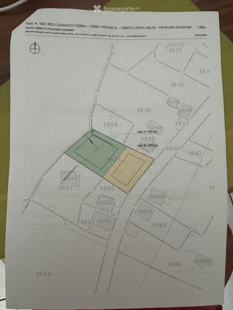 Floor plan showing property divisions and plot numbers, with highlighted areas labeled sup. A = 425 mq and sup. B = 325 mq.