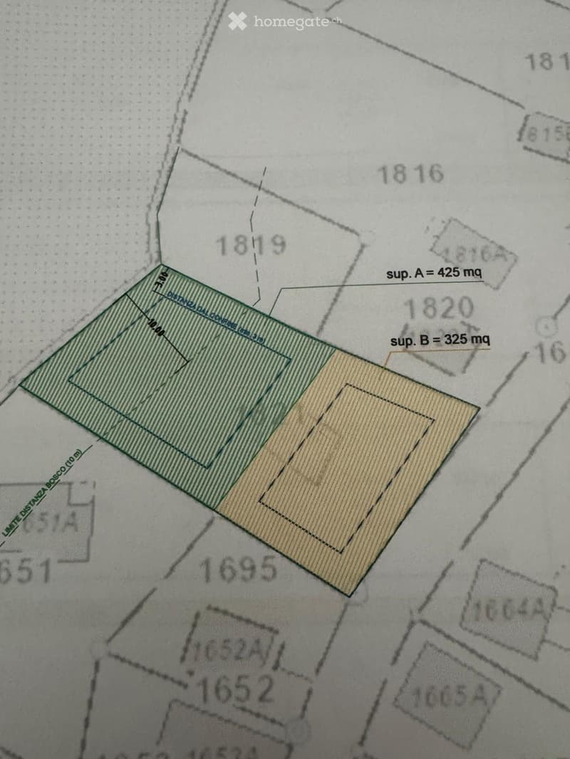 Floor plan showing two plots of land with measurements and area calculations. Plot A is425 square meters, and Plot B is 325 square meters.