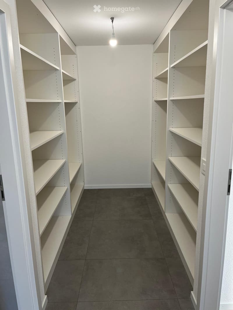 Empty closet with built-in white shelving units and a single hanging light fixture.