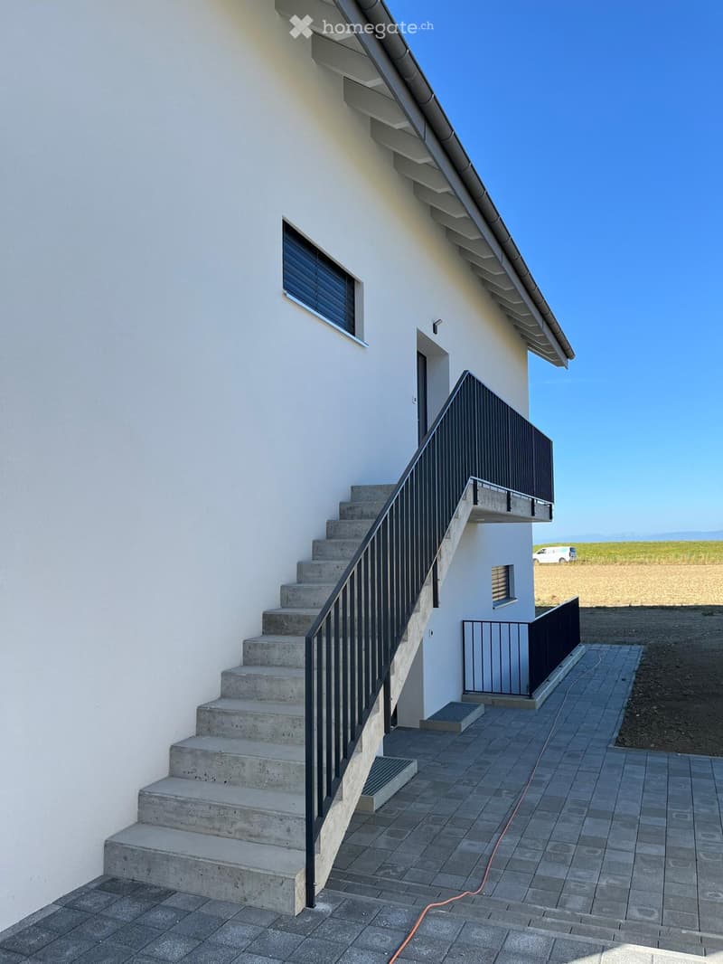 Exterior view of a modern two-story house with white walls, concrete steps leading to a raised ground floor, and a black metal railing.