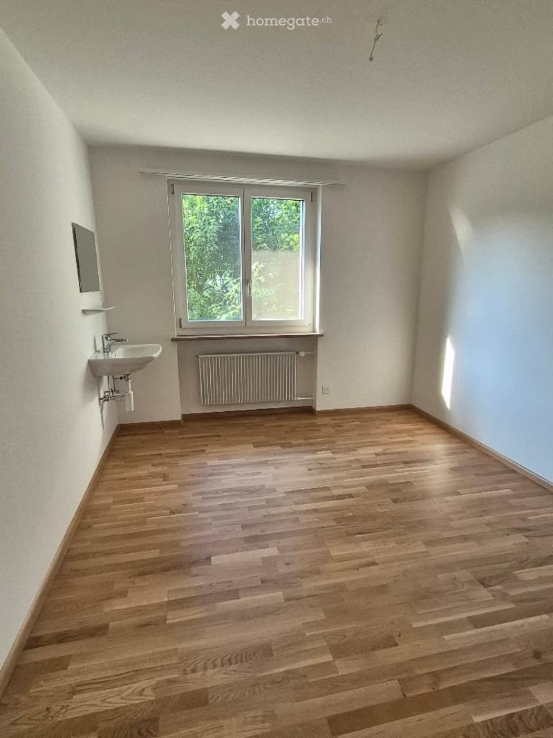 Empty room with wooden flooring, white walls, a window with white frame, a sink, and a radiator.