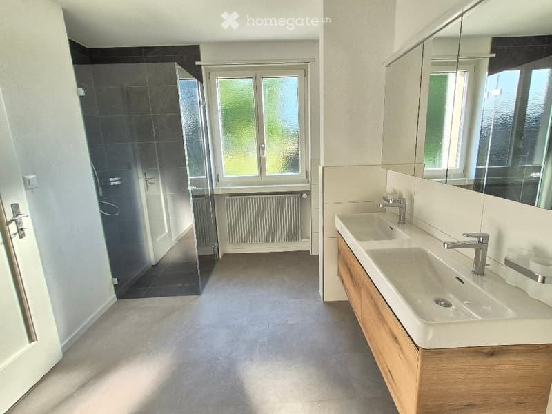 Modern bathroom with double sink, wooden cabinet, large mirror, and glass-enclosed shower area.