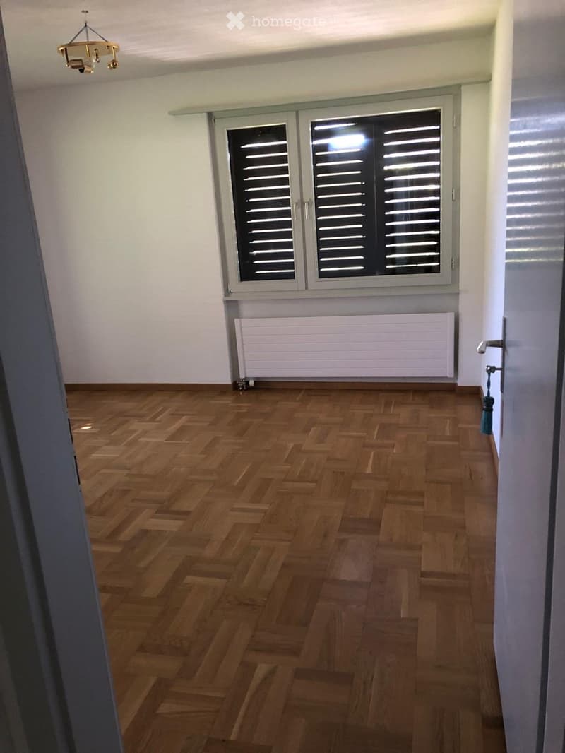 Empty room with wooden herringbone flooring, white walls, a window with shutters, a radiator, and a chandelier light fixture.