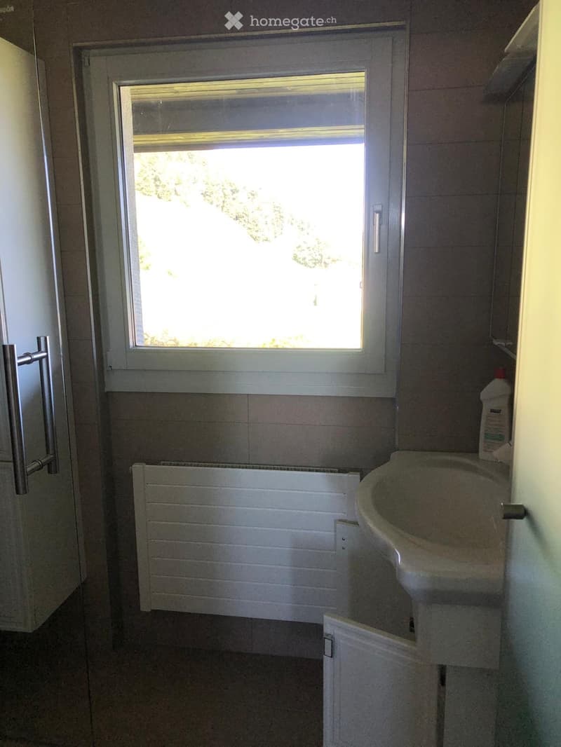 Small bathroom with a white sink, radiator, and a window letting in natural light.