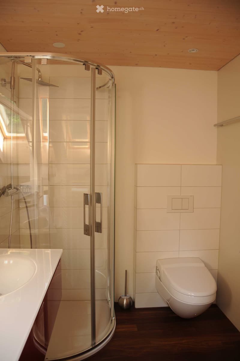 Modern bathroom with a glass-enclosed shower, a white sink, a toilet, and a toilet brush holder. The walls are tiled, and the floor is wooden.