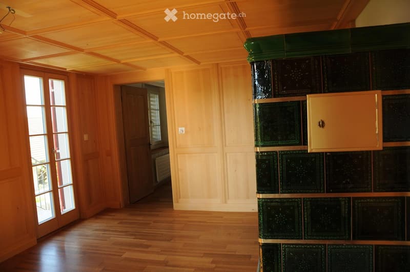 Bright, wooden-floored room with a large, decorative green and black fireplace, large windows, and a door leading to another room.