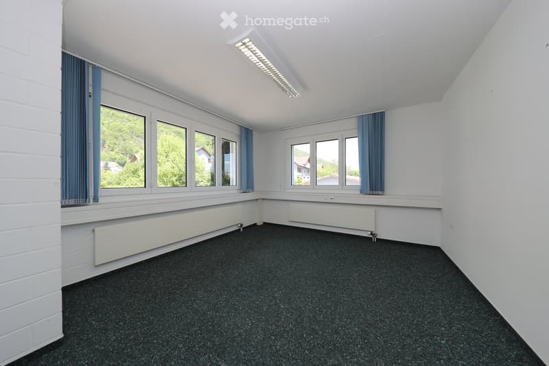 Empty room with white walls, dark carpeted floor, large windows with blue curtains, and built-in radiators.