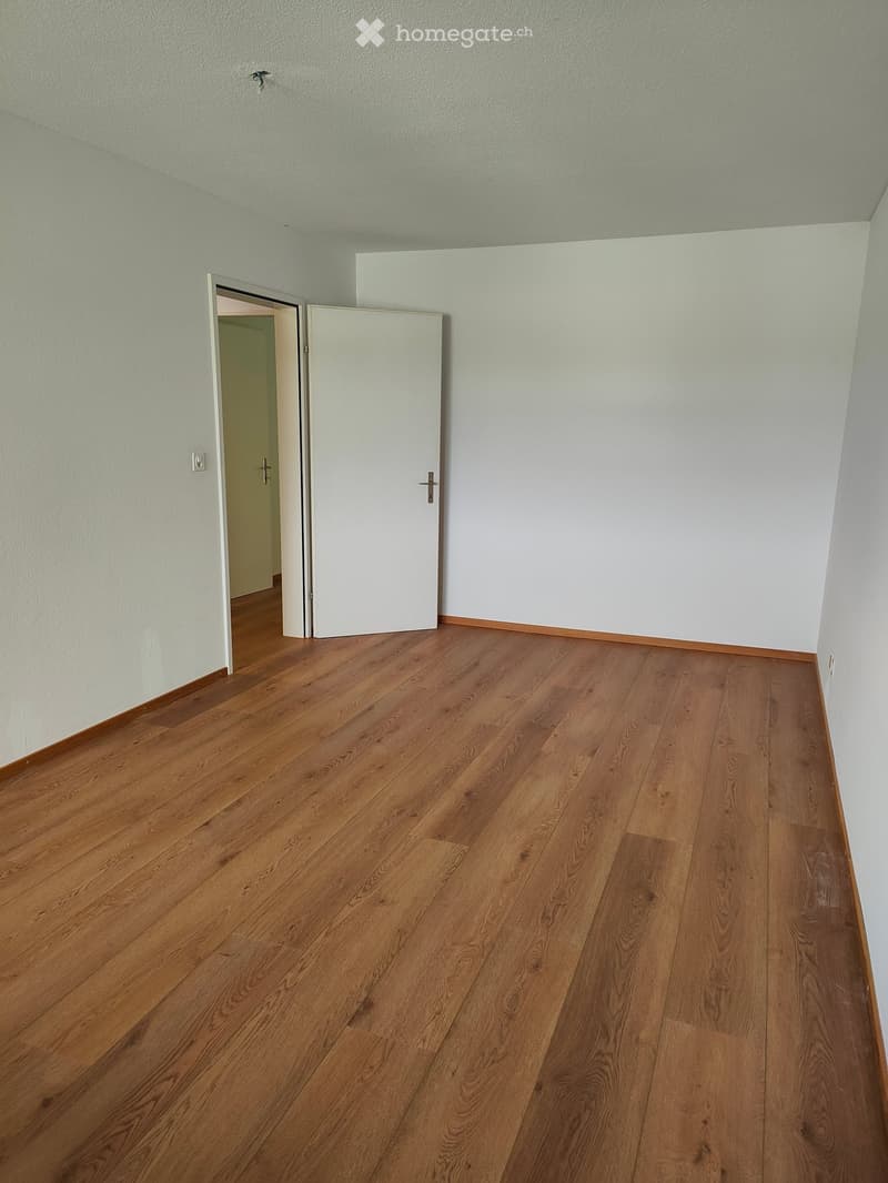 Empty room with light-colored walls and wooden flooring, featuring a partially open white door leading to another room.