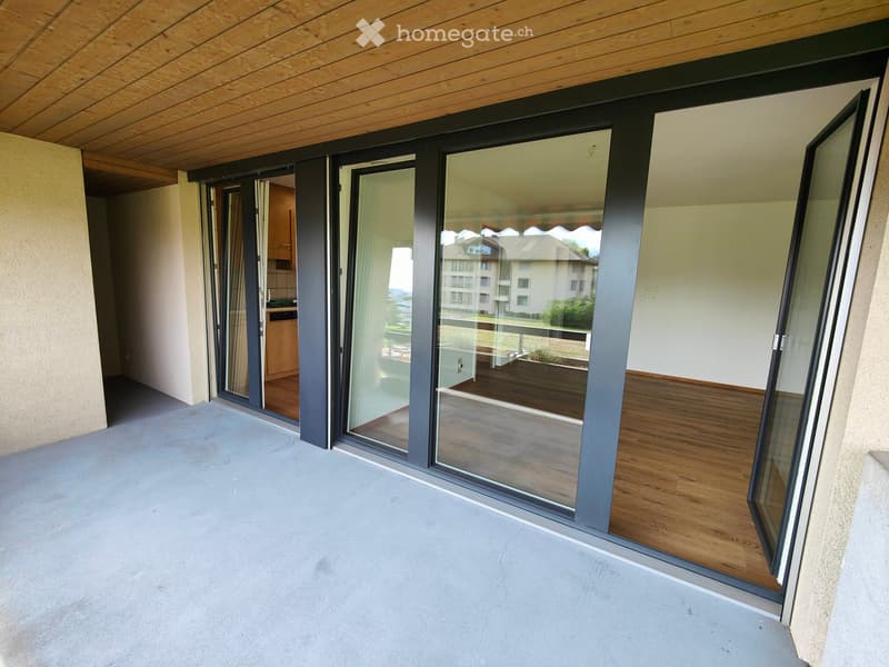 Modern balcony with large glass sliding doors, wooden flooring inside, and a view of the surrounding area.
