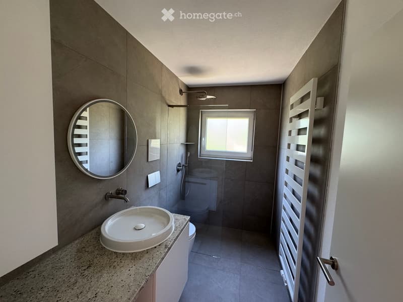 Modern bathroom with a white sink, round mirror, glass shower enclosure, and a radiator. The space features grey tiles and a window providing natural light.