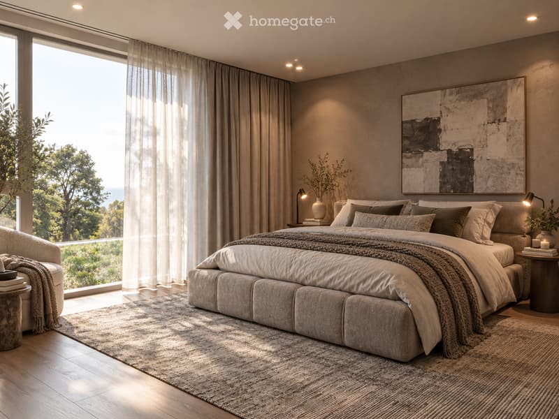 Modern bedroom with a large bed, nightstands, lamps, a chair, and a large window with sheer curtains. The room features a neutral color palette with a textured rug and artwork on the wall.