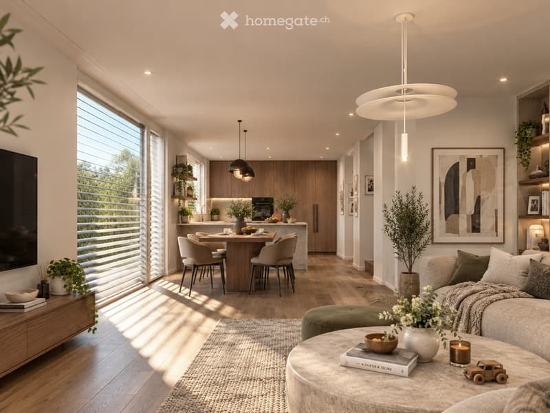 Open-plan living and dining area with modern furniture, large windows, pendant lights, and decorative elements.