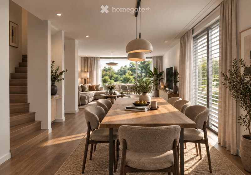 Modern dining area with a wooden dining table, six upholstered chairs, pendant lighting, a sofa, coffee table, and large windows with sheer curtains. The space features a staircase leading to an upper level and a view of greenery outside.