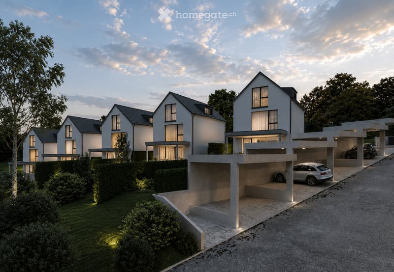 Modern two-story house with a contemporary design, featuring large windows, a raised ground floor, and a covered parking area with multiple cars.