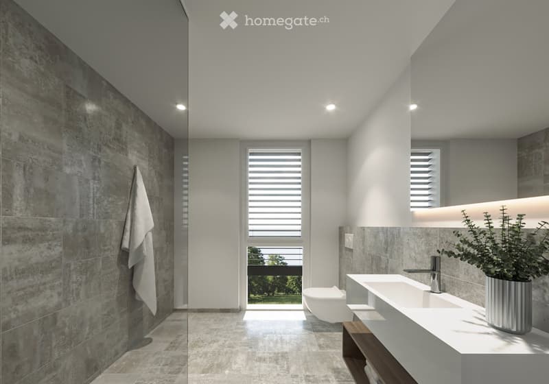 modern bathroom, concrete tiles, double sink, shower, white toilet, outdoor view