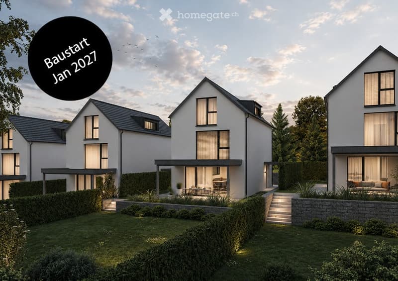Modern residential complex with three houses, white facades, large windows, and well-maintained gardens.