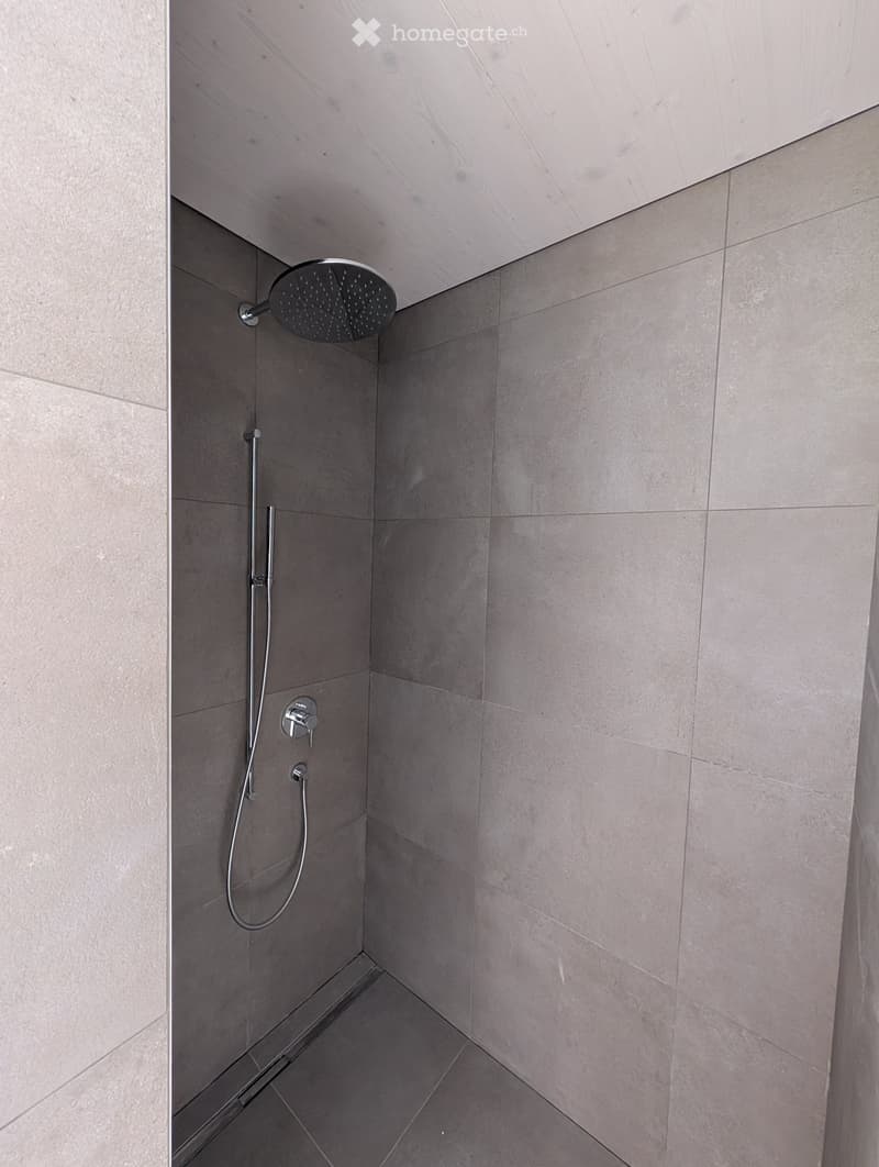 Modern shower area with grey tiles, a sleek showerhead, and a handheld sprayer.