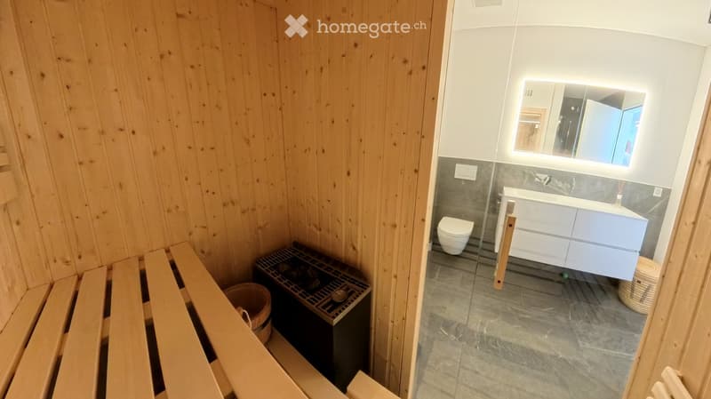 Modern bathroom with wooden sauna bench, toilet, sink, and mirror. Grey tiled walls and floor.