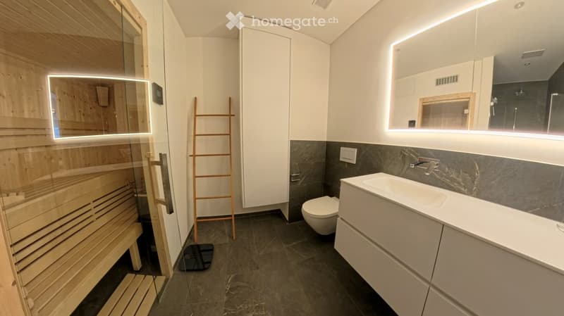 Modern bathroom with a sauna, sink, toilet, and mirrored cabinets with LED lighting.