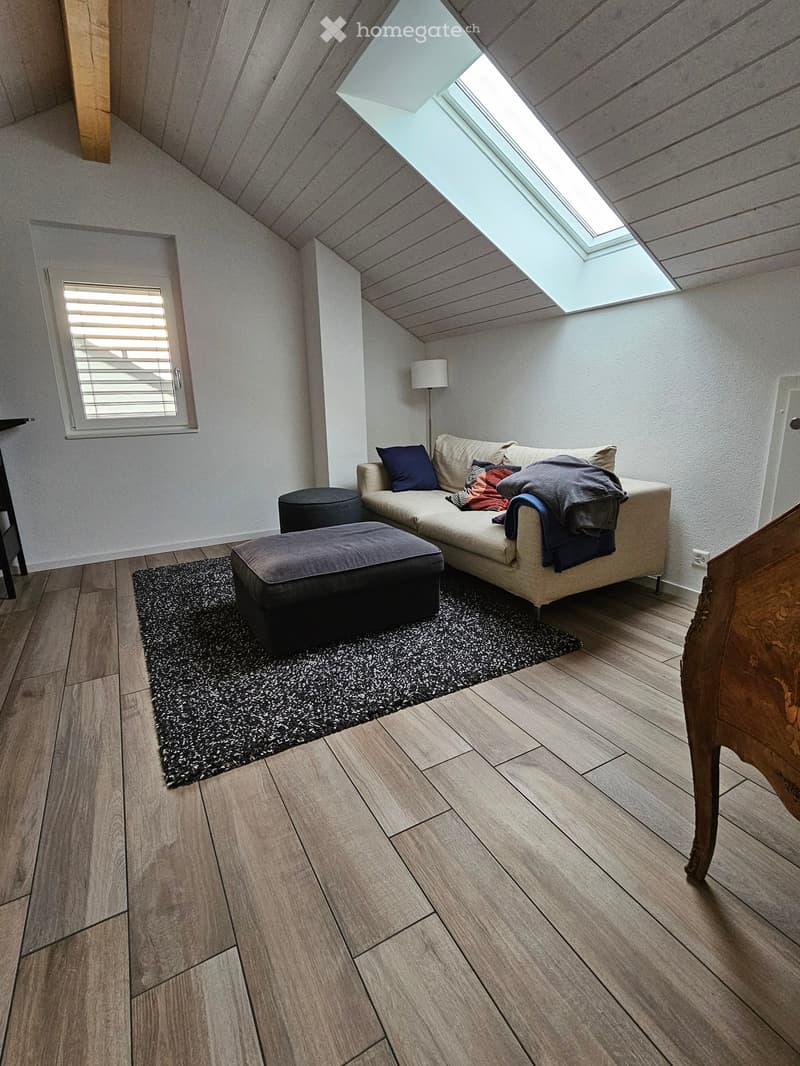 Modern living room with wooden flooring, a sectional sofa, ottoman, floor lamp, and a black shag rug.