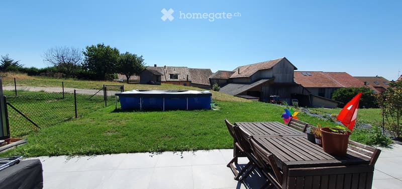 A well-maintained garden with a wooden patio table and chairs, potted plants, and a colorful pinwheel. The background features a grassy lawn, a fenced area, and several houses with tiled roofs.