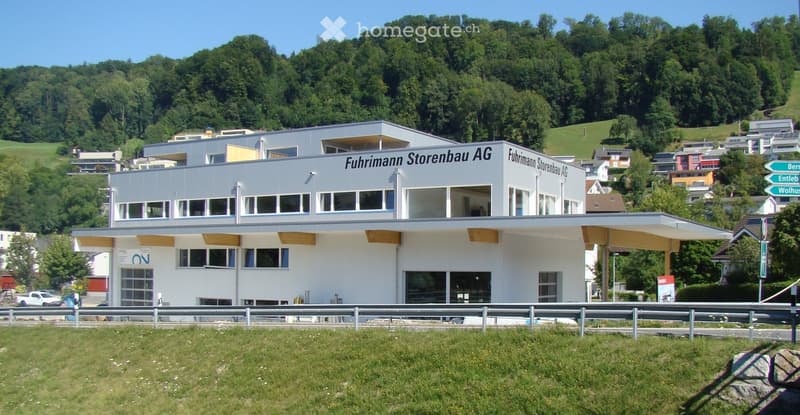 Modern commercial building with large windows and signage reading "Fuhrmann Storenbau AG" on the facade, surrounded by greenery and a road.