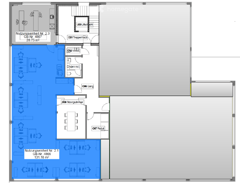 Floor plan showing a commercial space with multiple rooms including a kitchen, dining area, office, and storage. The layout includes labeled areas such as 'Nutzungs einheit Nr. 2.1' and 'Nutzungs einheit Nr. 2.3'.