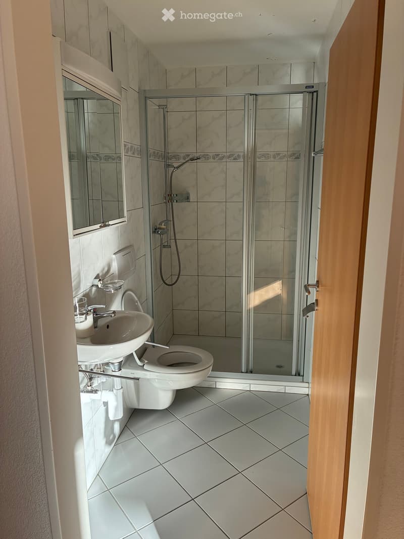 white tiled floor, toilet, sink, shower