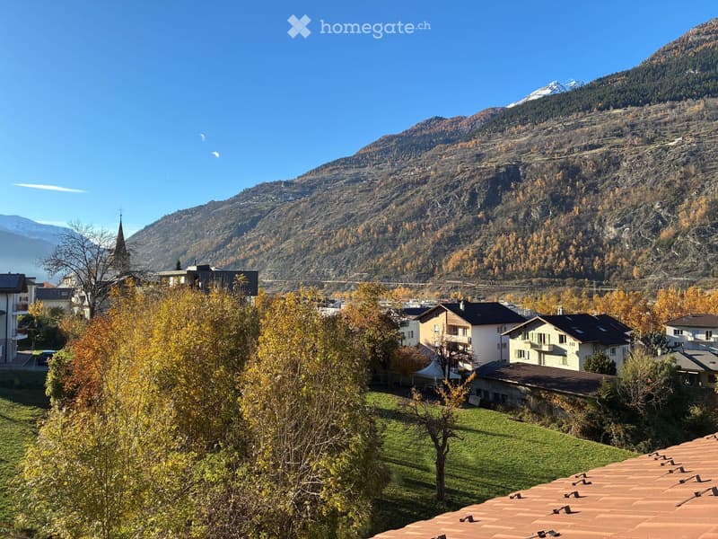 Mountain view, village houses, trees, clear sky, red roof